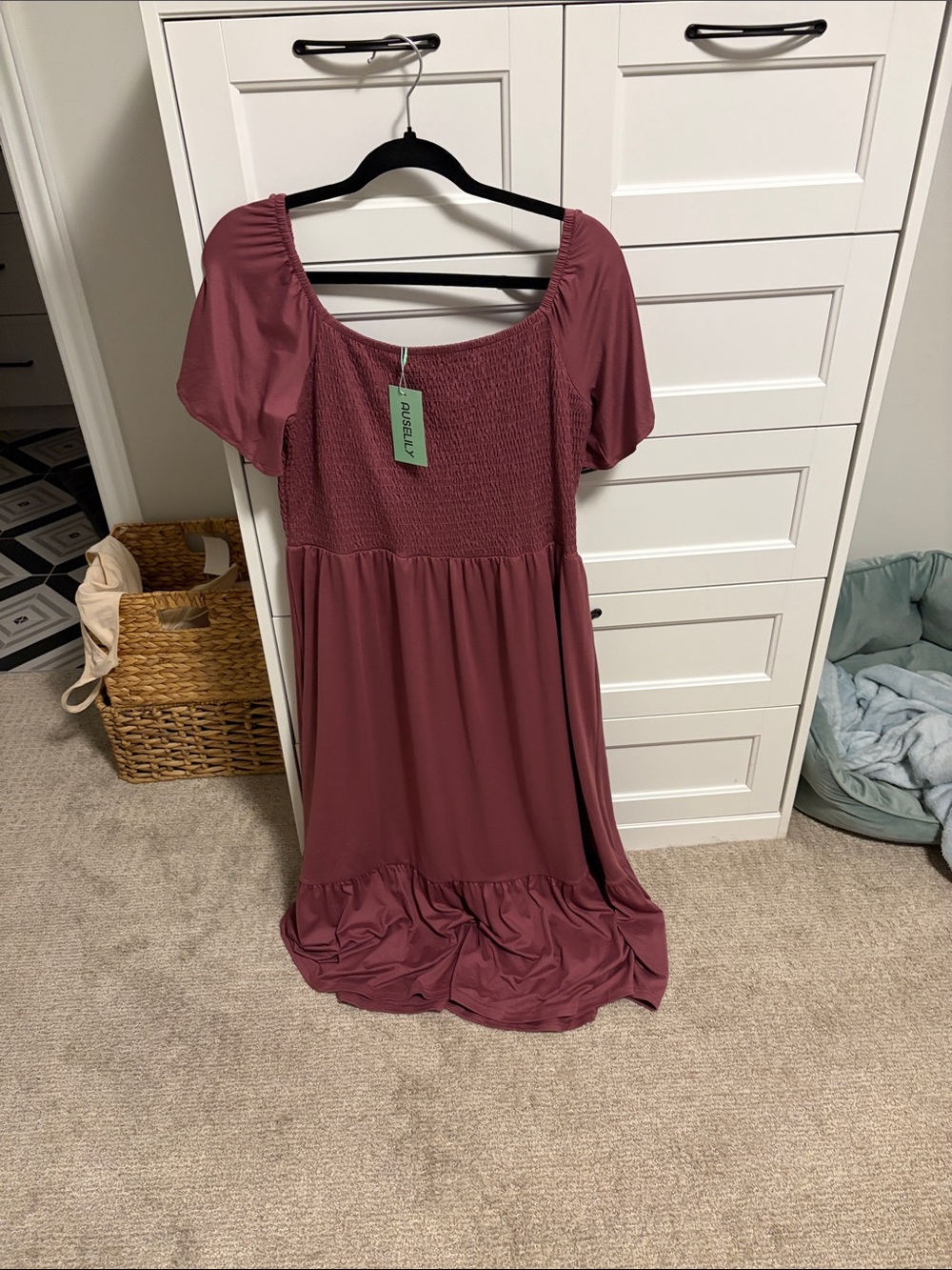 (2 for $30) Smocked Bodice Short Sleeve Midi Dress - Dusty Rose